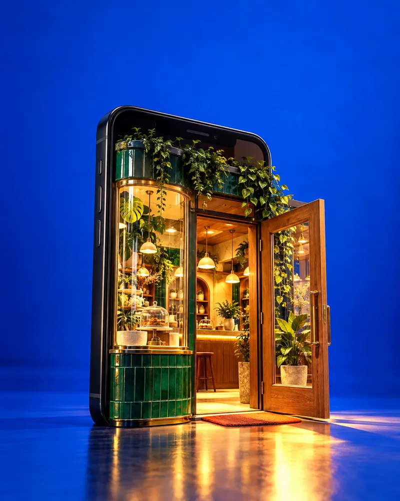 Escena conceptual: una tienda con la puerta abierta dentro de un teléfono gigante.